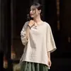Otoño algodón y lino mujer nuevo diseño original estilo chino suéter modificado ramio lavado a la arena manga corta botón arriba camiseta mujer