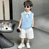 Conjunto de Chaleco Azul Neptuno de Verano para Niños, Atuendo Casual Elegante y Moderno de Dos Piezas para Niños Pequeños