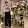 Calça Wide Leg de Algodão e Seda para Mulheres, Emagrecimento, Fina, Adequada para Usar em Casa e ao Ar Livre, Calça Wide Leg Casual Solta, Cintura Alta, Versátil, Efeito de Caimento de Verão