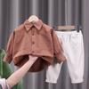 Camisa Simples de Cor Pura Infantil Roupa Infantil Meninos Primavera Casual Manga Longa Calças Terno Duas Peças Algodão Puro