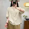 Temperamento Artístico Casual Verão Novo Estilo Manga Média Versátil Cardigan Versátil Emagrecedor Algodão Linho Manga Meia-Manga Camisa Top Roupa Feminina