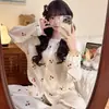 Pijama de Algodão Nuvem para Mulheres, Estilo Coreano Doce para Primavera e Outono, Manga Longa de Renda, Calça Longa, Estilo Fino, Conjunto de Roupa para Casa para Meninas