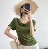 Camiseta Fina y Elegante Estilo Pura Pasión Lana Tencel Cuello Francés Manga Corta Camisa de Verano Delgada para Mujer D1001S