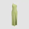 Vestido de Verano Sexy de Seda con Espalda Descubierta, Estilo Europeo y Americano, de un Solo Hombro, Color Sólido, Sencillo, Casual, Ropa para Mujer al por Mayor Transfronteriza con Abertura