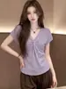 Camiseta de tricô com gola V torcida e manga curta plus size para mulheres, novo estilo de verão para senhoras plus size, top casual estilo coreano que rejuvenesce