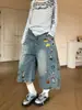 Pantalones Vaqueros Cortos Rectos de Pierna Ancha Sueltos Bordados de Dibujos Animados Lavados Retro Americanos para Hombres y Mujeres Pantalones de Verano de Moda