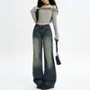 Calça Jeans Reta Vintage Desgastada Nova Coleção Primavera/Verão 2026 Feminina Fluida Slim-Fit Cintura Baixa Estilo Americano Wide-Leg para Figuras Baixas
