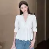 Blusa sexy de encaje patchwork con volantes y cuello en V de manga abullonada con lazada al frente para mujer, top de verano ajustado, venta al por mayor transfronteriza