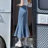Falda Larga de Mezclilla Cola de Pescado con Abertura, Cintura Alta, Adelgazante, Elástica, de Longitud Media, Falda Bodycon que Te Hace Ver Más Alta, Talla XS