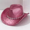 Sombrero de Vaquero Occidental con Cadena de Pedrería en Forma de Corazón, de Gran Circunferencia de Cabeza, Sombrero de Otoño de Alta Gama para Mujer, Sombrero de Novia con Lentejuelas