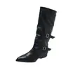 Botas de cuero de moda con doble hebilla, botas largas versátiles de tacón de cuña para mujer de verano, botas apiladas, nuevo modelo 2026