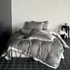 Conjunto de 4 Peças Cor Sólida Simples 100 Contagem Tencel Lenzing Verão Refrescante Seda Gelada Lençol Liso para Dormir e Capa de Edredom para Cama de 1,8m