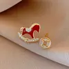 Aguja de Plata Estilo Chino Nuevo Zirconio Moneda de Cobre Año del Zodiaco Caballo Pendientes Nicho Pendientes de Alta Gama Pendientes de Moda de Lujo Ligero para Mujeres