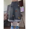 Shorts Jeans Americanos Bordados com Estampa de Cachorro, Barra Dobrada, Perna Reta para Mulheres, Verão, Modelagem Solta, Emagrecimento, Perna Larga, Cropped