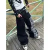 Calças jeans com estampa de estrelas estilo americano para homens e mulheres, calças retas color block de alta qualidade, calças hip-hop largas retrô, estilosas