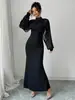 Moda Feminina Transfronteiriça Europeia e Americana 2026 Elegante Vestido Longo Sereia com Renda e Strass de Manga Longa Acinturado