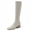 Primer Encuentro con Exquisita Dama Pequeña~Estilo Coreano Elegante Punta Cuadrada Hueco Tacón Grueso Cremallera Lateral Talla Grande Hasta la Rodilla Blanco