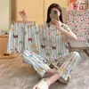 Novos Pijamas de Algodão Nuvem Amassado para Mulheres, Conjunto de Três Peças, Estampado Primavera/Verão, Gola Lapela, Roupa de Casa Fofa para Mulheres
