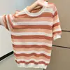 Top de punto hueco a rayas estilo coreano dulce para mujer
