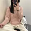 Suéter de Ganchillo Hueco Suave y Esponjoso para Mujer, Estilo Delgado de Otoño, Estilo Holgado y Perezoso, Suéter de Punto de Cuello Redondo de Color Sólido Suave