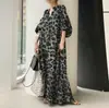 2024 Nuevo Elegante Estampado de Leopardo Cuello Manga Abullonada Moda Holgado Casual Bohemio Vestido Camisero