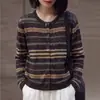 Cardigã de malha jacquard bicolor para mulheres, novo suéter versátil listrado de gola redonda para outono e inverno, blusa jaqueta de corte solto