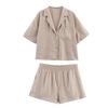 Ropa de Mujer de Comercio Exterior Verano 2025 Estilo Europeo y Americano Solapa Manga Corta Color Puro Camisa + Traje de Shorts Mujer E490019/20F
