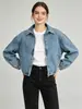Chaqueta Vaquera Lavada Desgastada para Mujer Solapa Cremallera Chaqueta Corta Holgada Hombro Caído Fuente Mayorista