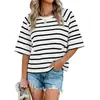 2026 Amazon Transfronterizo Verano Nuevo Estilo Europeo y Americano Patchwork Color Sólido Cuello Redondo Holgado Top Camiseta con Mangas de Tres Cuartos Acampanadas