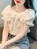 Blusa Fruncida Estilo Francés para Mujer, Diseño de Verano con Cordón Único, Top de Gasa con Mangas Abullonadas de Nicho