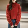 Cardigan de Tricô 100% Lã Pura com Gola Alta Estilo Old Money para Mulheres, Casaco Suéter Juvenil para Outono e Inverno, Peça de Roupa Externa Espessa