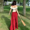 Precioso y Atractivo Conjunto de Dos Piezas para Mujer: Top con un Hombro y Volantes y Falda Larga Roja, Atuendo Estilo Vacaciones de Verano
