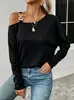2026 Moda Casual Elegante Feminina Europeia e Americana Transfronteiriça Amazon TK Cor Sólida Manga Longa Ombro a Ombro Camiseta