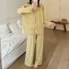 Conjunto de Pijama de Algodão para Mulheres, Primavera e Outono, Estilo Coreano, Design Simples, Manga Longa, Calça Longa, Solto, Casual, Pode Ser Usado ao Ar Livre, Conjunto para Casa