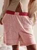 Shorts Casuais de Tricô Color Block de Cintura Alta Europeu e Americano Transfronteiriços para Mulheres, Calças Esportivas Caseiras Retas Soltas Estilo Preguiçoso para o Verão