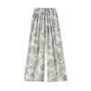 Pantalones Boho de Lino Seda de Hielo con Estampado Retro de Pierna Ancha para Mujer, Delgados, Holgados con Caída, Pantalones Casuales Adelgazantes