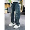 Estructura de Jeans Casuales de Pierna Recta Semi-Elásticos con Diseño Lavado Resistente de Pierna Recta Azul Retro Otoñal Vintage Lavado