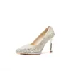 Estilo Francés Color Champán Impermeables Plataforma Tacones Altos Zapatos de Boda Xiuhe para Mujer Lentejuelas de Cristal Zapatos de Boda Tacón de Aguja Boca Baja Zapatos Simples de Una Sola Capa