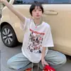 Camiseta de Manga Corta de Algodón Puro Talla Grande para Mujer, Estilo Retro Americano Dibujos Animados Gato, Verano Holgada Versátil Estilo Hong Kong Tendencia