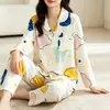 Pijama de Algodão Imitado para Mulheres, Manga Longa e Calça Longa, Cardigã para Primavera e Outono, Estilo Casual Simples de Alta Qualidade, Conjunto de Pijama Plus Size para Mulheres