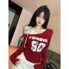 Camiseta sexy de manga larga para mujer, estilo falso dos piezas, hombros descubiertos, con cordones, estampada, nuevo estilo primavera/otoño, corte ajustado, que favorece la figura, y top deslumbrante