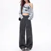 Calça Jeans Wide Leg Estilo Americano com Estampa Preta e Cinza para Mulheres, Novo Design de Nicho Outono/Inverno 2026 Calças Retas de Comprimento Total para Trabalho