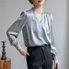Pronta Entrega Foto Real Nova Primavera 2025 Coreana Versátil Gola V Cetim Slim Manga Longa Feminino Camisa Top