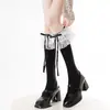 Calcetines hasta la pantorrilla con ribete de encaje, Calcetines de algodón Lolita dulces con lazo, Calcetines JK con lazo hasta la rodilla, Calcetines Lolita estilo ballet