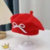 Boina para Niña para Otoño e Invierno, Lindo Moño Bordado, Sombrero de Lana Cálido y a Prueba de Viento, Boina de Tejido para Bebé Niña