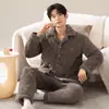 Pijama Masculino Veludo Coral Espessado Forrado com Lã Acolchoado Flanela Manga Longa Calça Conjunto Quente de Inverno para Casa para Homens