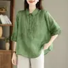 Nueva blusa de jacquard con cuello para mujer, elegante blusa retro de manga media para dama, top fino que estiliza y favorece la figura