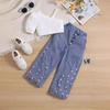 Amazon Comercio Exterior Especial para Ropa Infantil Top de Hombro de Cuello Redondo de Color Sólido Jeans Rotos con Multibotones Estampados Traje para Niñas