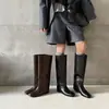 Botas de jinete de aumento de altura para mujer, botas largas de tacón alto hasta la rodilla, nuevas botas de cuero hasta la rodilla sin cordones de punta redonda para otoño e invierno