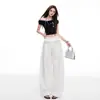 Pantalones casuales de pierna ancha con curvas para mujer, con volantes de lunares blancos, finos, holgados y fluidos, de longitud hasta el suelo, para verano.